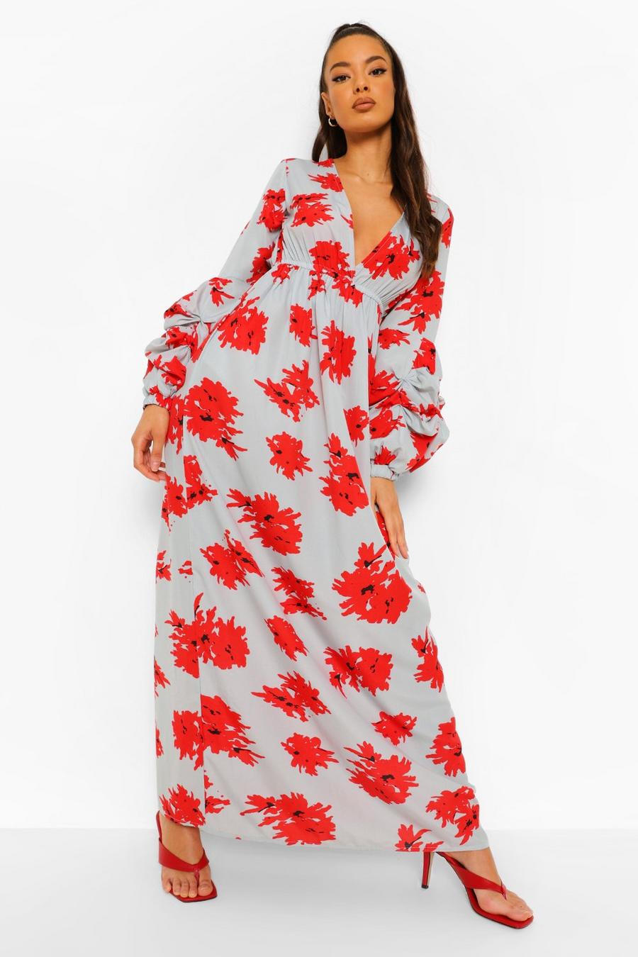 Blue azul Floral Ruched Sleeve Plunge Maxi Dress