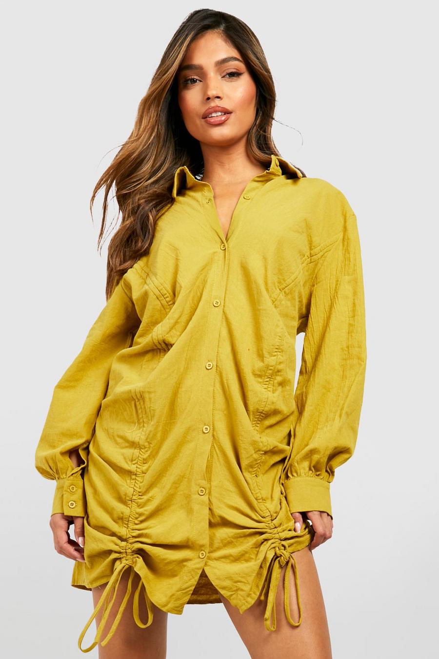 Chartreuse yellow Ruched Linen Shirt Dress
