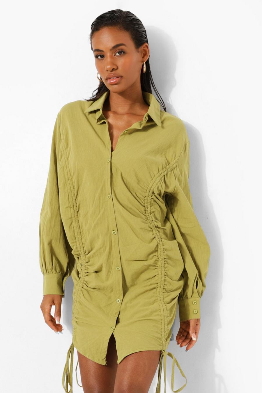 Olive grön Ruched Linen Shirt Dress