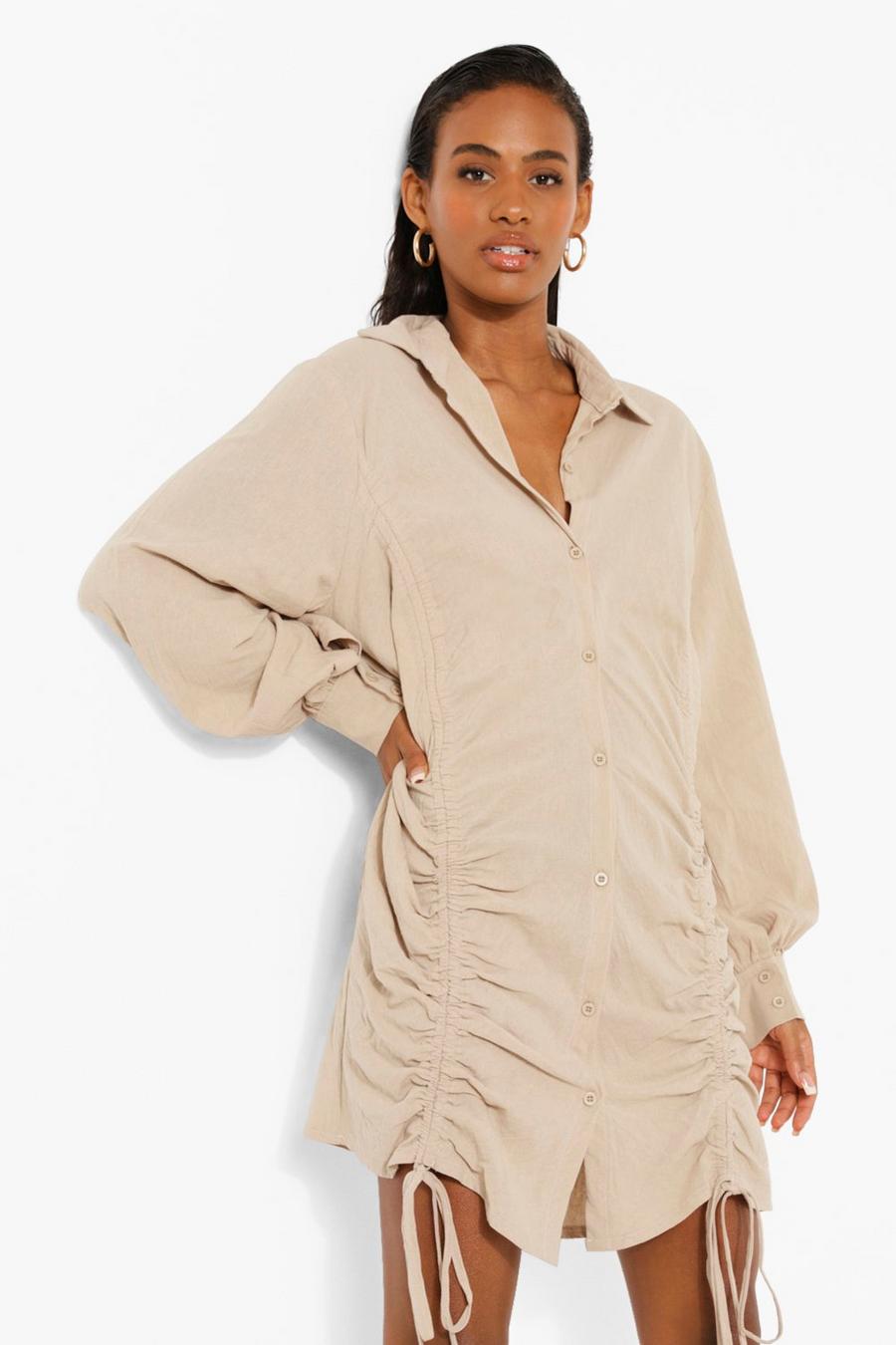 Stone Ruched Linen Shirt Dress image number 1