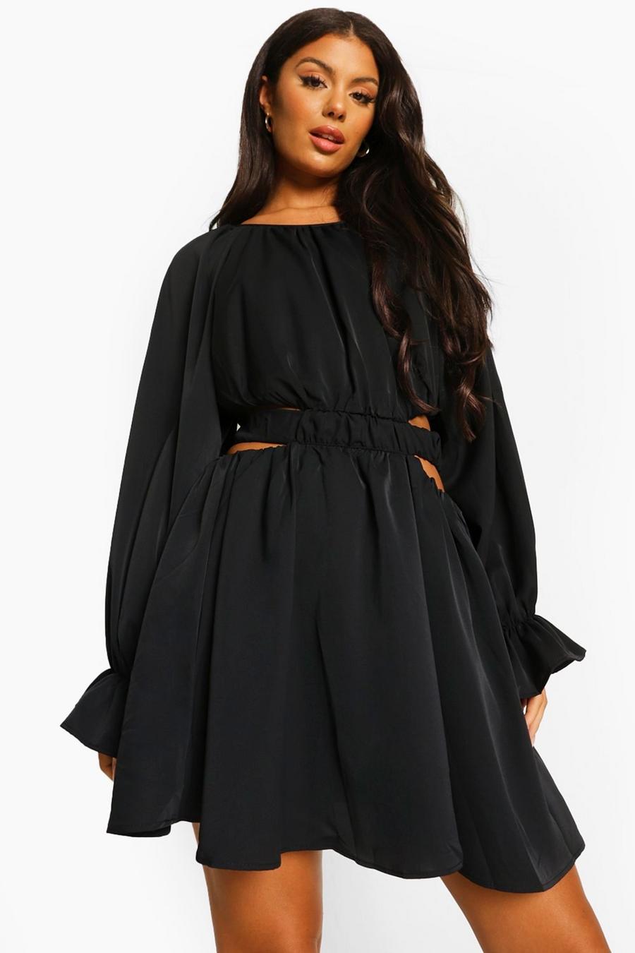 שחור שמלת סקייטר עם שרוולי בלון ושסעים גדולים image number 1