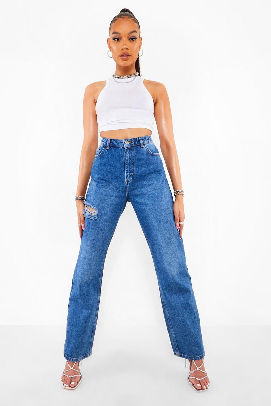 Mid blue Thigh Rip Relaxed Straight Leg Jeans image number 1