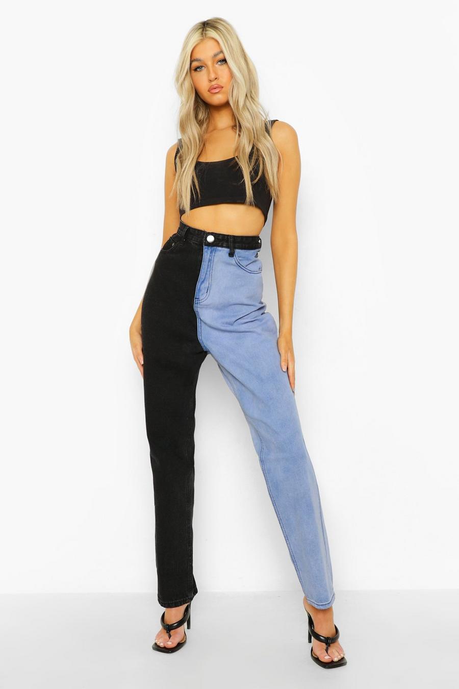 Tall High-Rise Straight Leg Jeans mit Colorblock, Blau image number 1