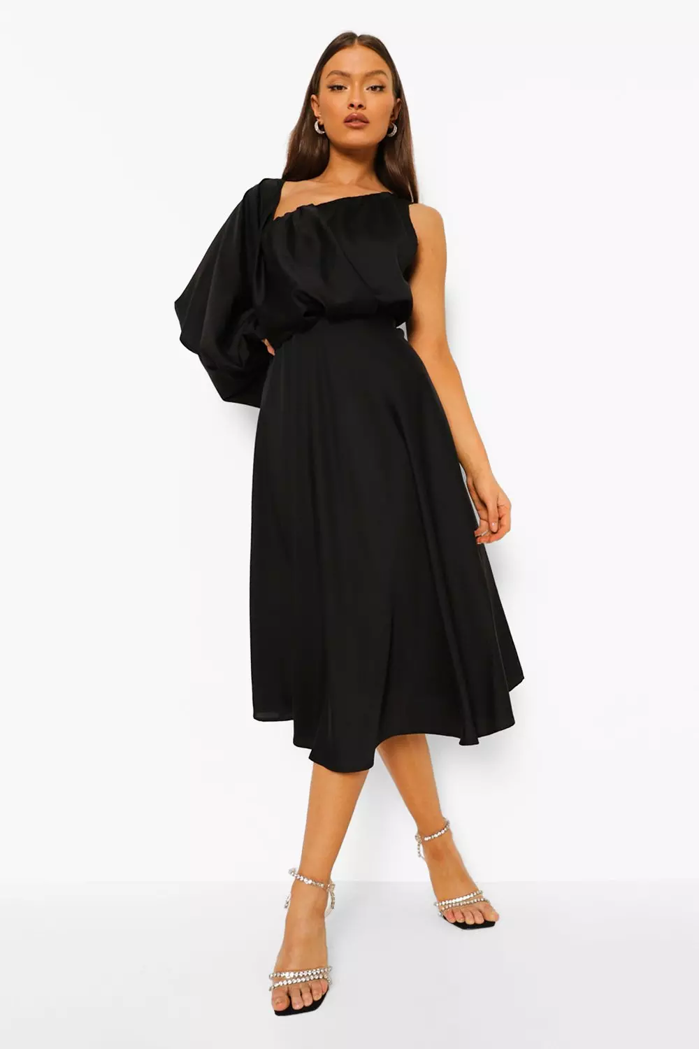 Black midi skater shop dress with sleeves