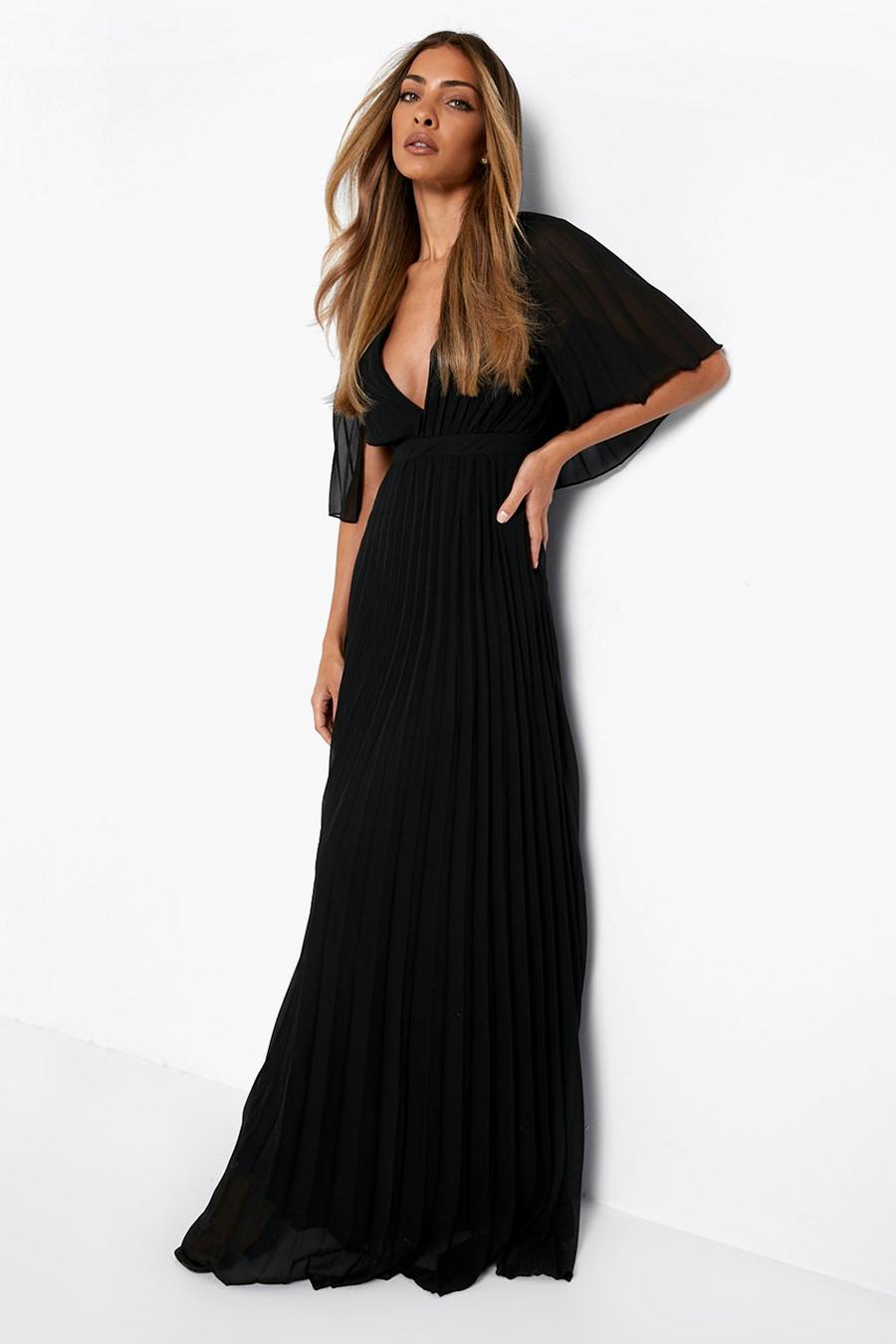 Black Pleated Cape Detail Bridesmaid Maxi Dress image number 1