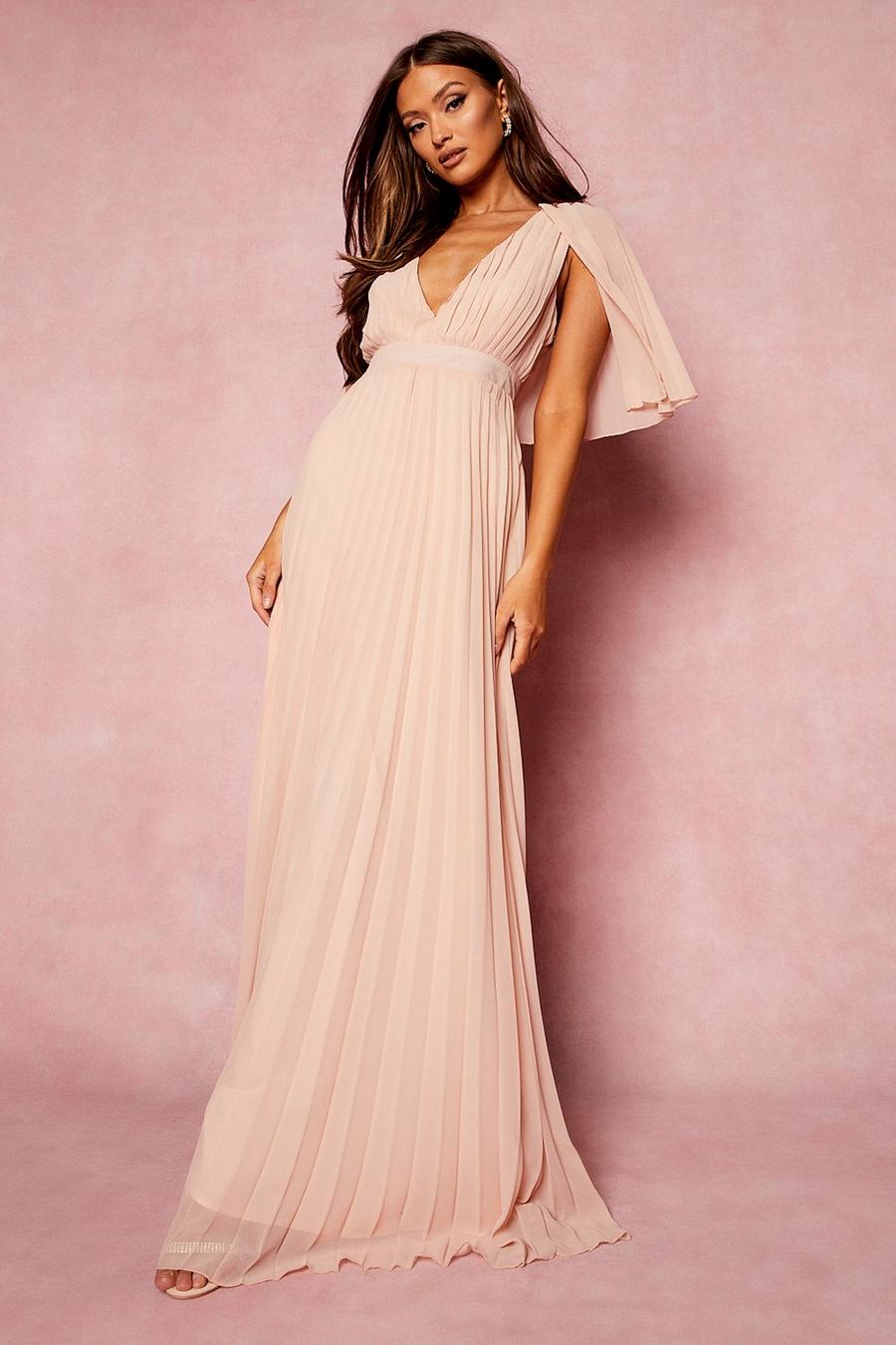 Rose pink Pleated Cape Detail Bridesmaid Maxi Dress image number 1