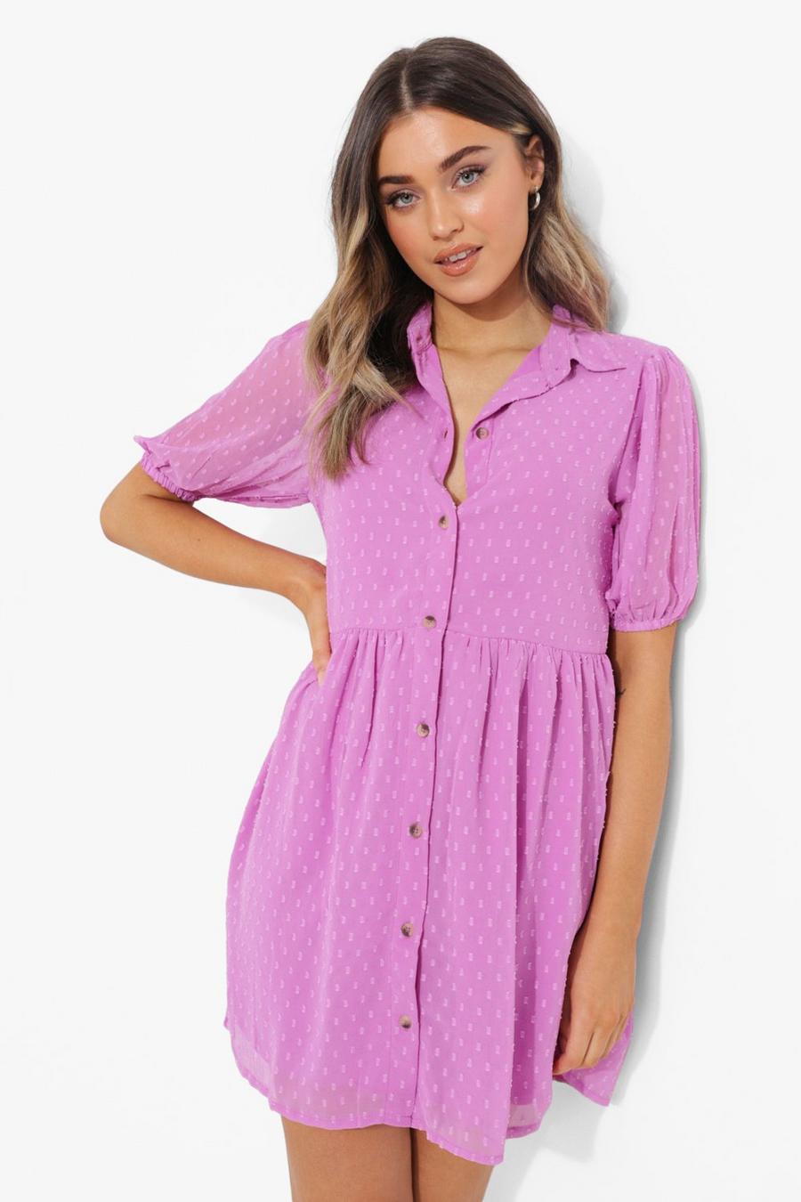 Dobby Mesh Hemd-Kleid mit Knopfleiste, Lilac image number 1