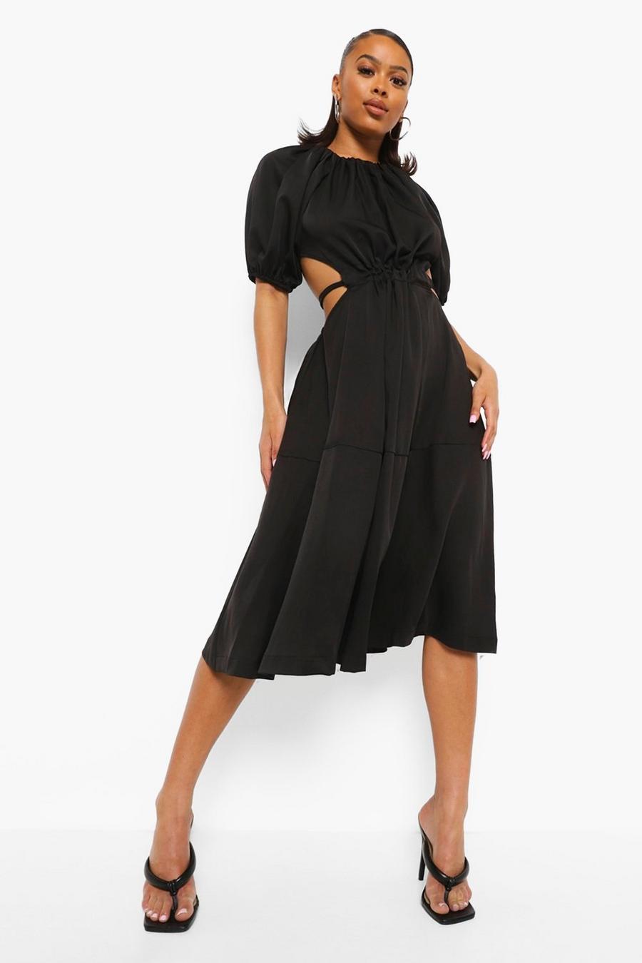 Black Puff Sleeve Gathered Waist Midi Dress image number 1
