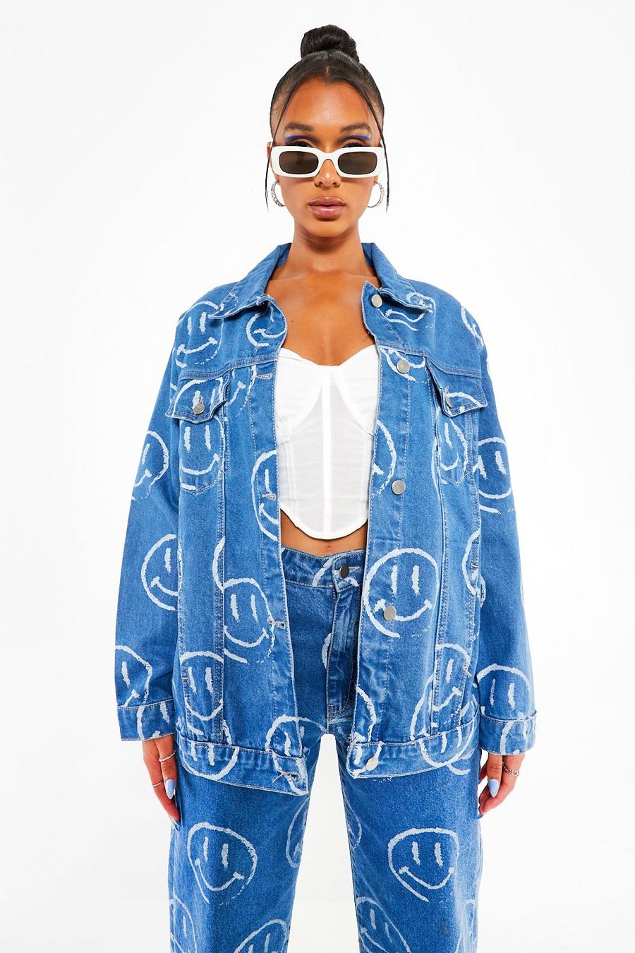 Mid blue All Over Face Print Oversized Denim Jacket image number 1