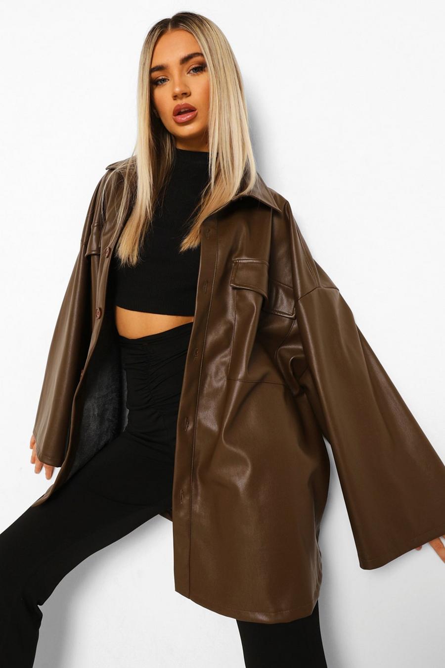 Chocolate brown Oversized Wide Sleeve Faux Leather Shacket
