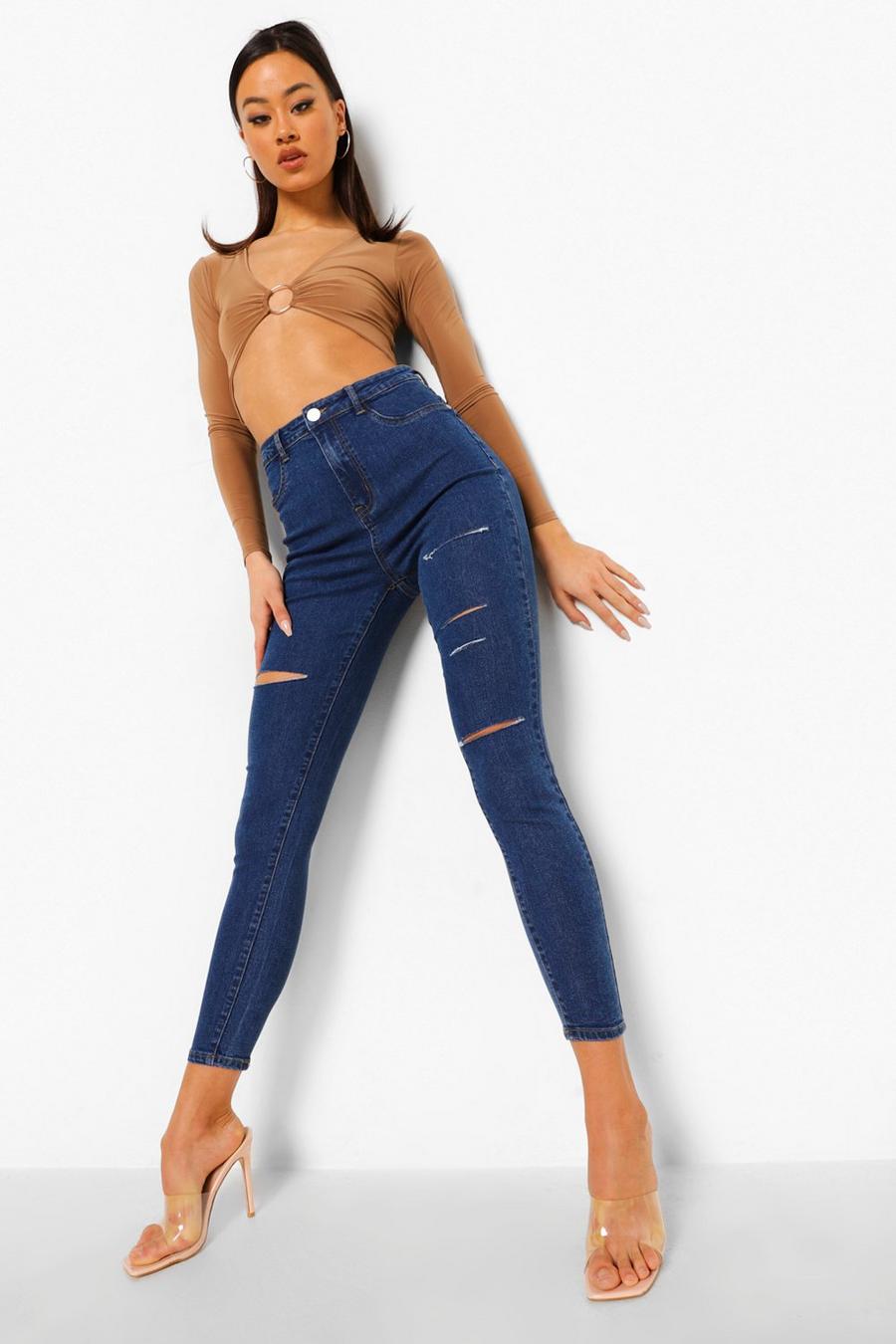 Mid blue Basics High Waisted Ripped Skinny Jeggings image number 1