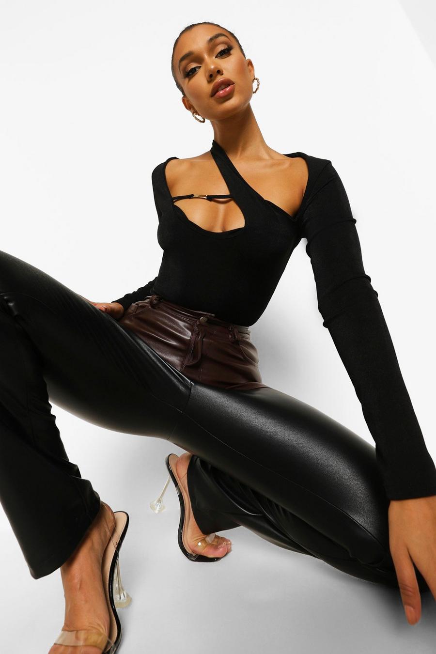 Black Textured Slinky Clip Bodysuit image number 1