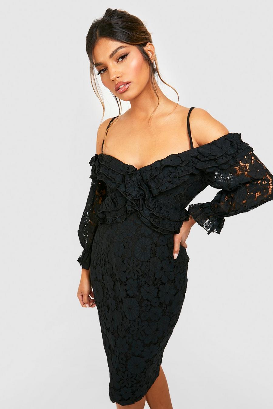 Black svart Lace Ruffle Midi Bridesmaids Dress image number 1
