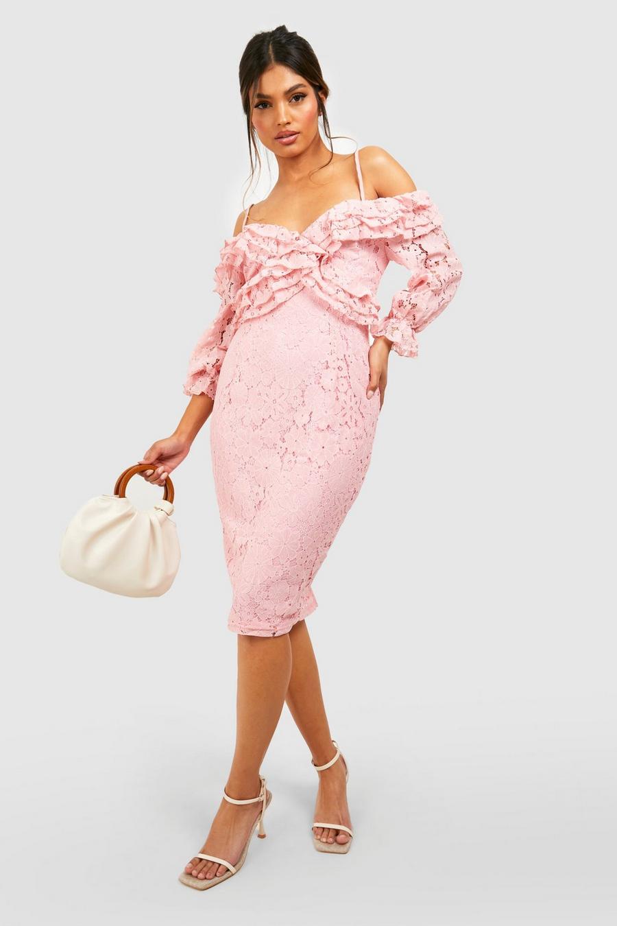 Blush pink Knälång spetsklänning med volanger image number 1