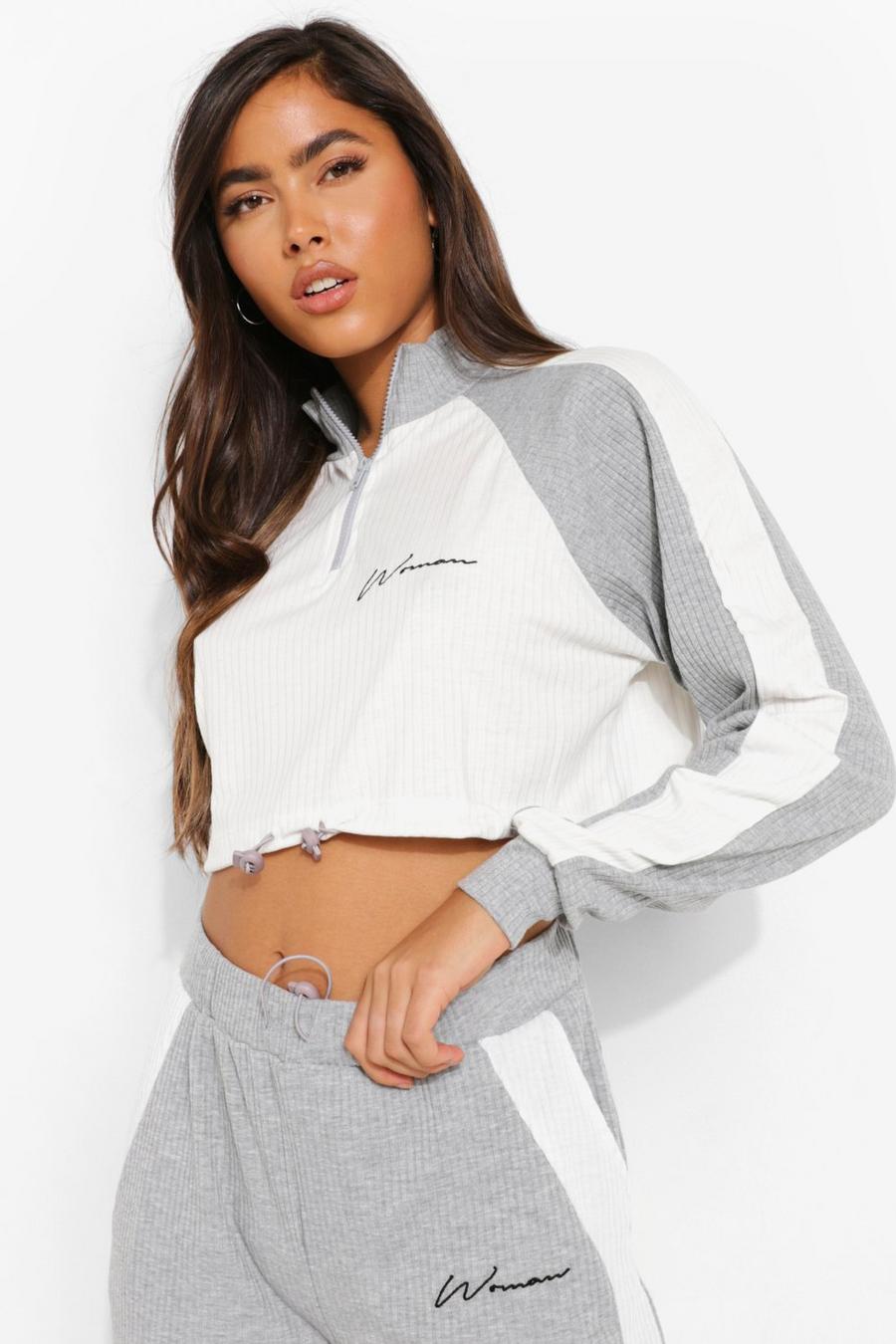 Grey Woman Rib Colour Block Cropped Sweatshirt image number 1