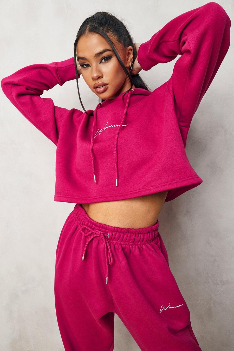 Pink Cropped Woman Embroidered Hoodie image number 1