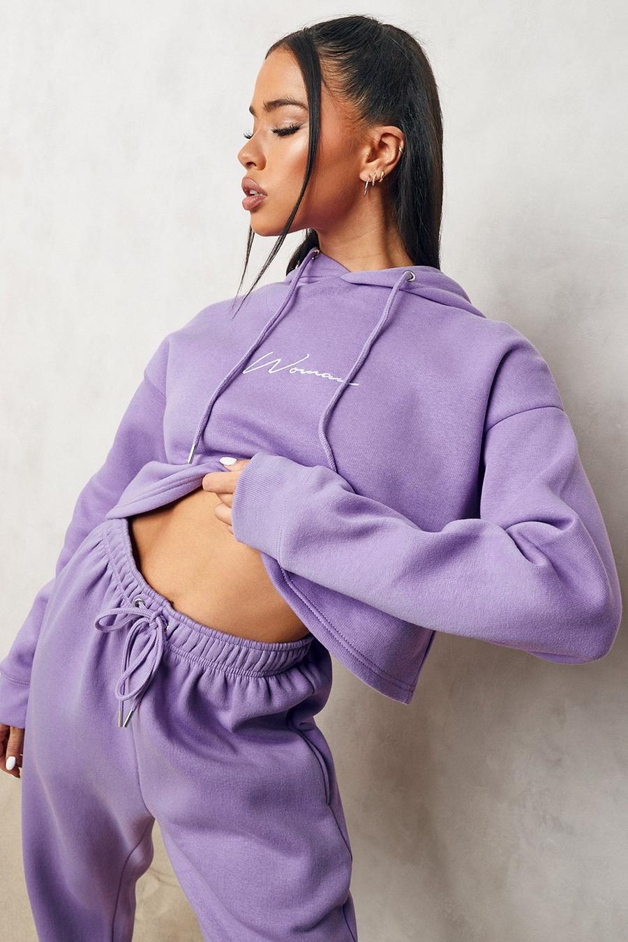 Purple Cropped Woman Embroidered Hoodie image number 1