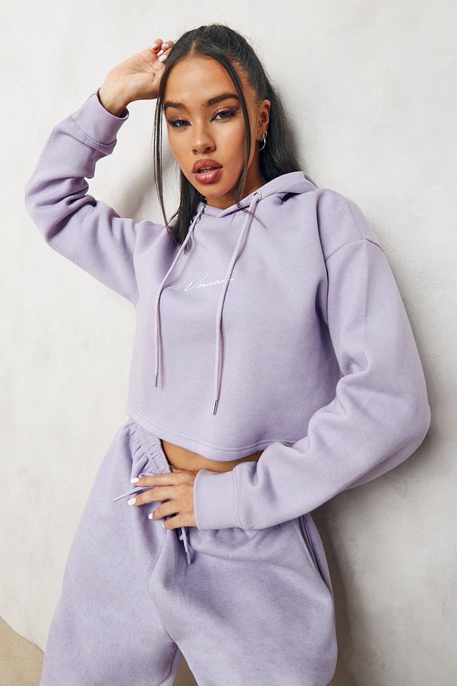 Lilac Cropped Woman Embroidered Hoodie image number 1