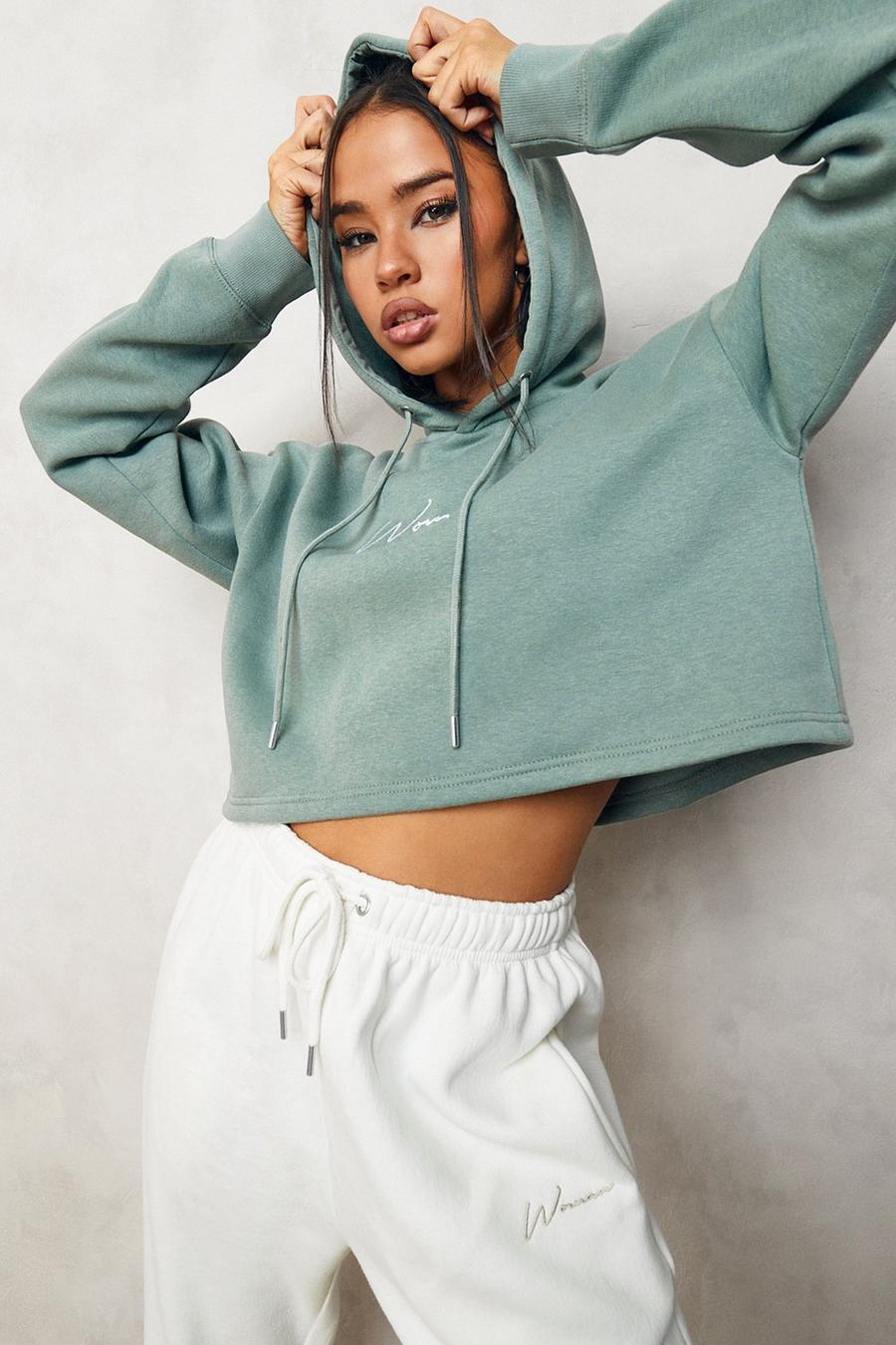 Sage Cropped Woman Embroidered Hoodie image number 1