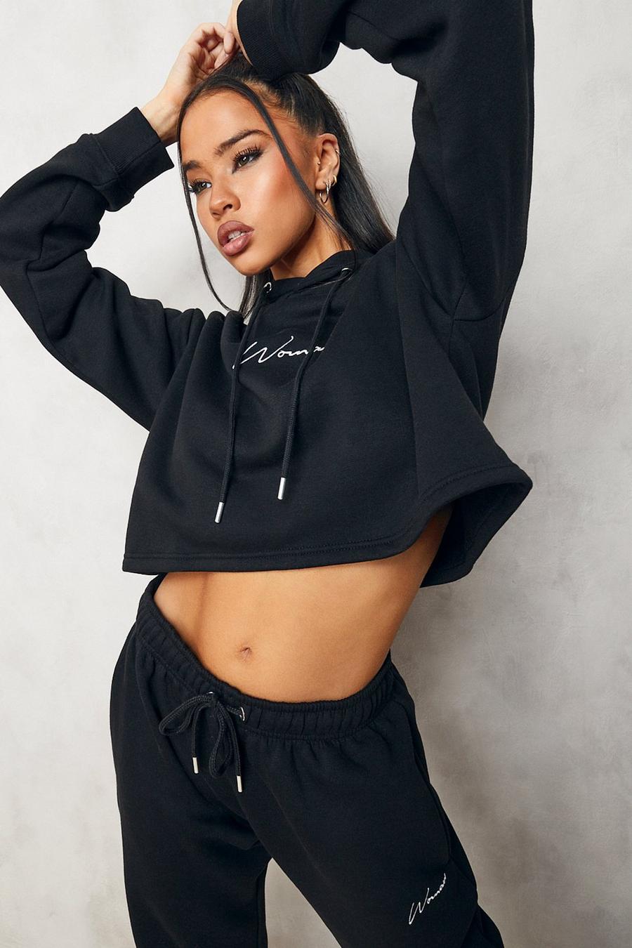 Black Cropped Woman Embroidered Hoodie image number 1