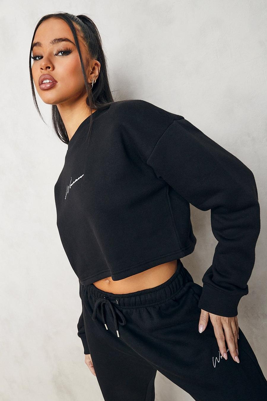 Black Cropped Woman Embroidered Sweatshirt image number 1