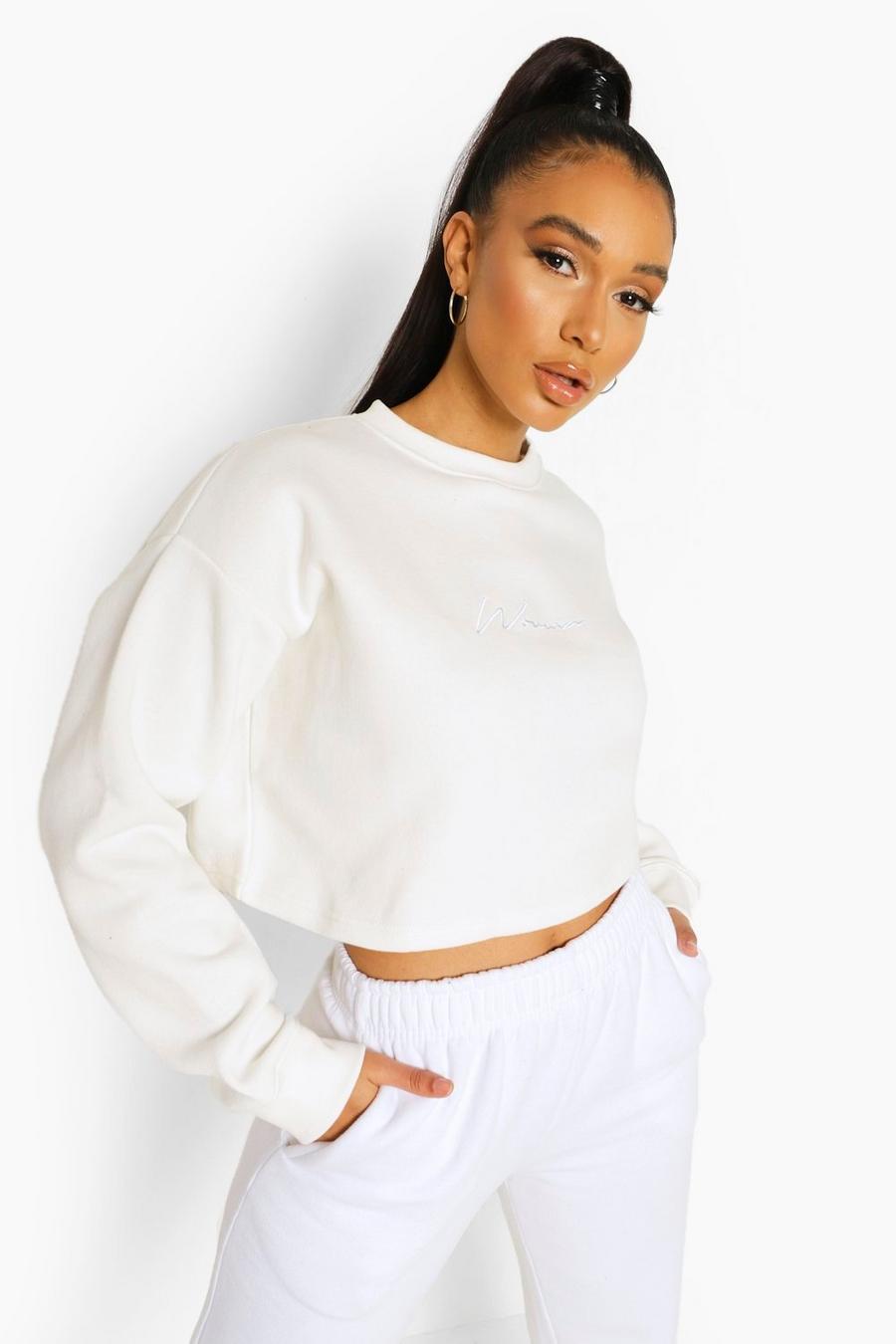 Ecru Cropped Woman Embroidered Sweatshirt image number 1