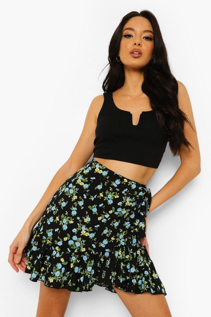 Black Ditsy Floral Woven Frill Wrap Mini Skirt image number 1