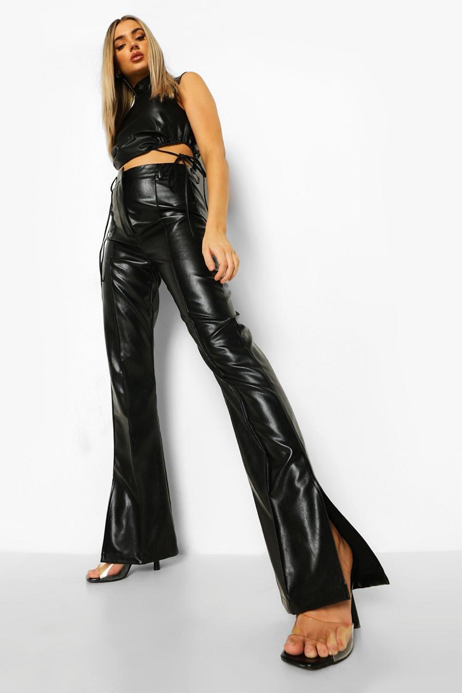 Black Faux Leather Split Hem Pants image number 1