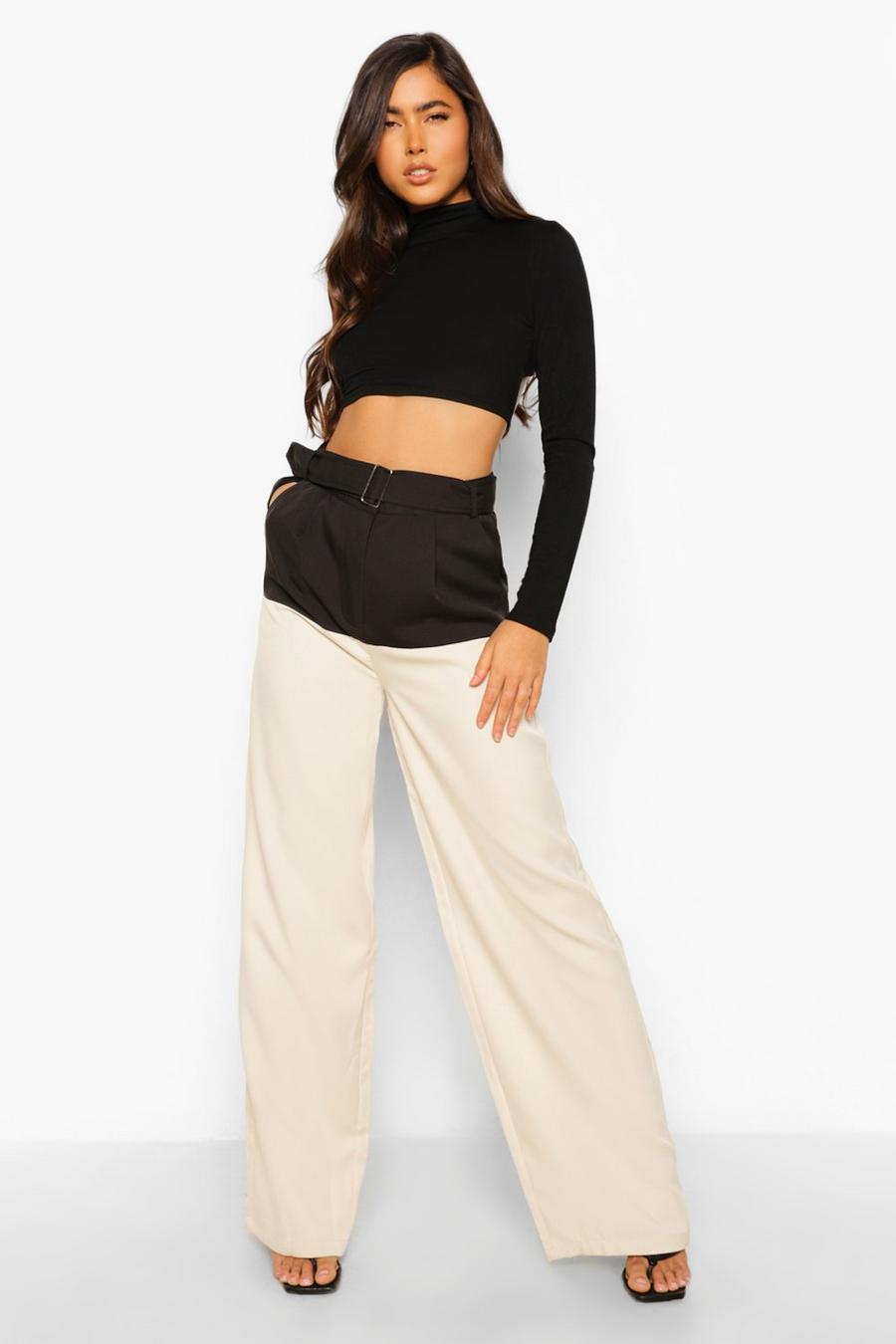 Black Colour Block Belted Woven Pants image number 1