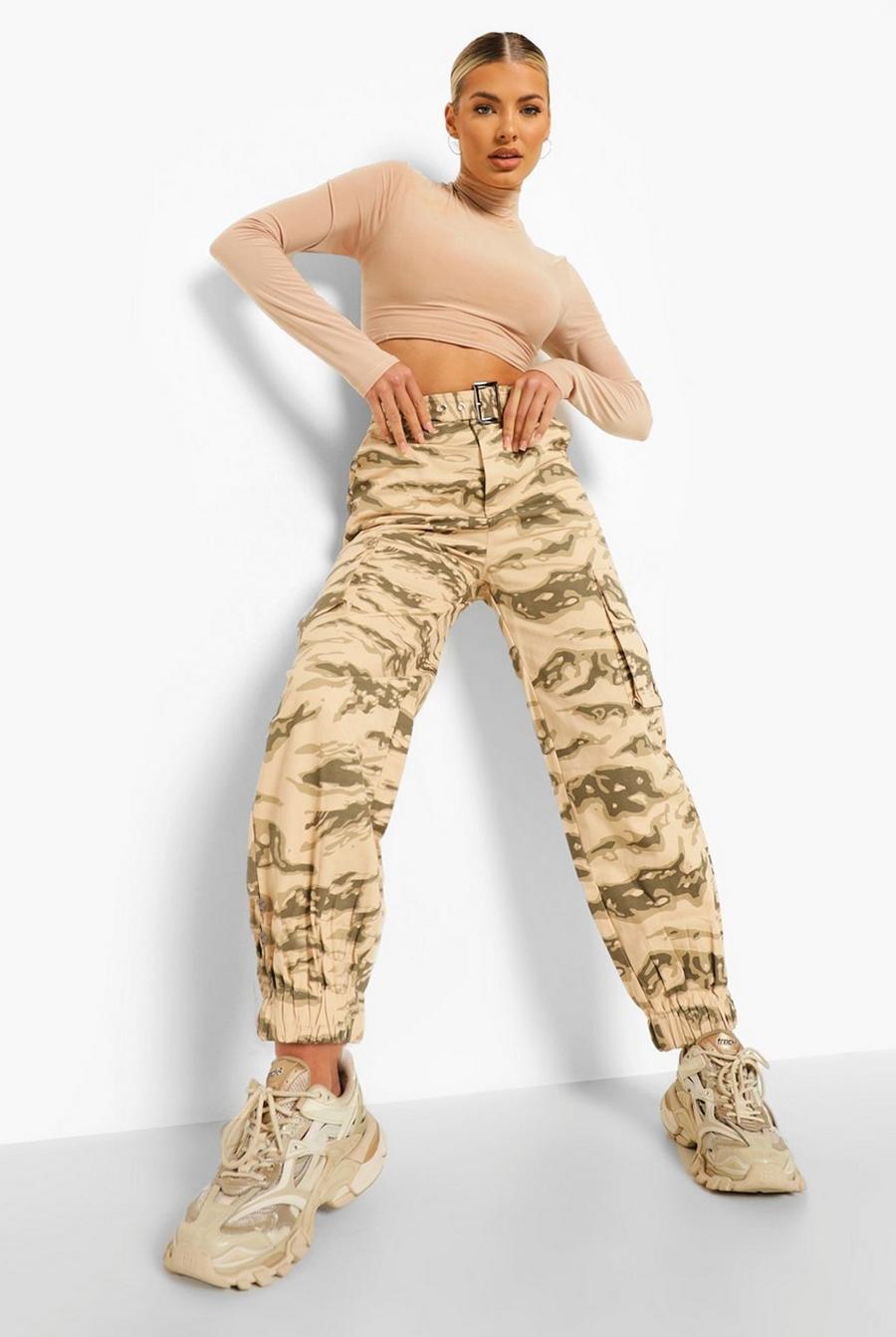 Sand Camo Print Belted Cargo Pants image number 1