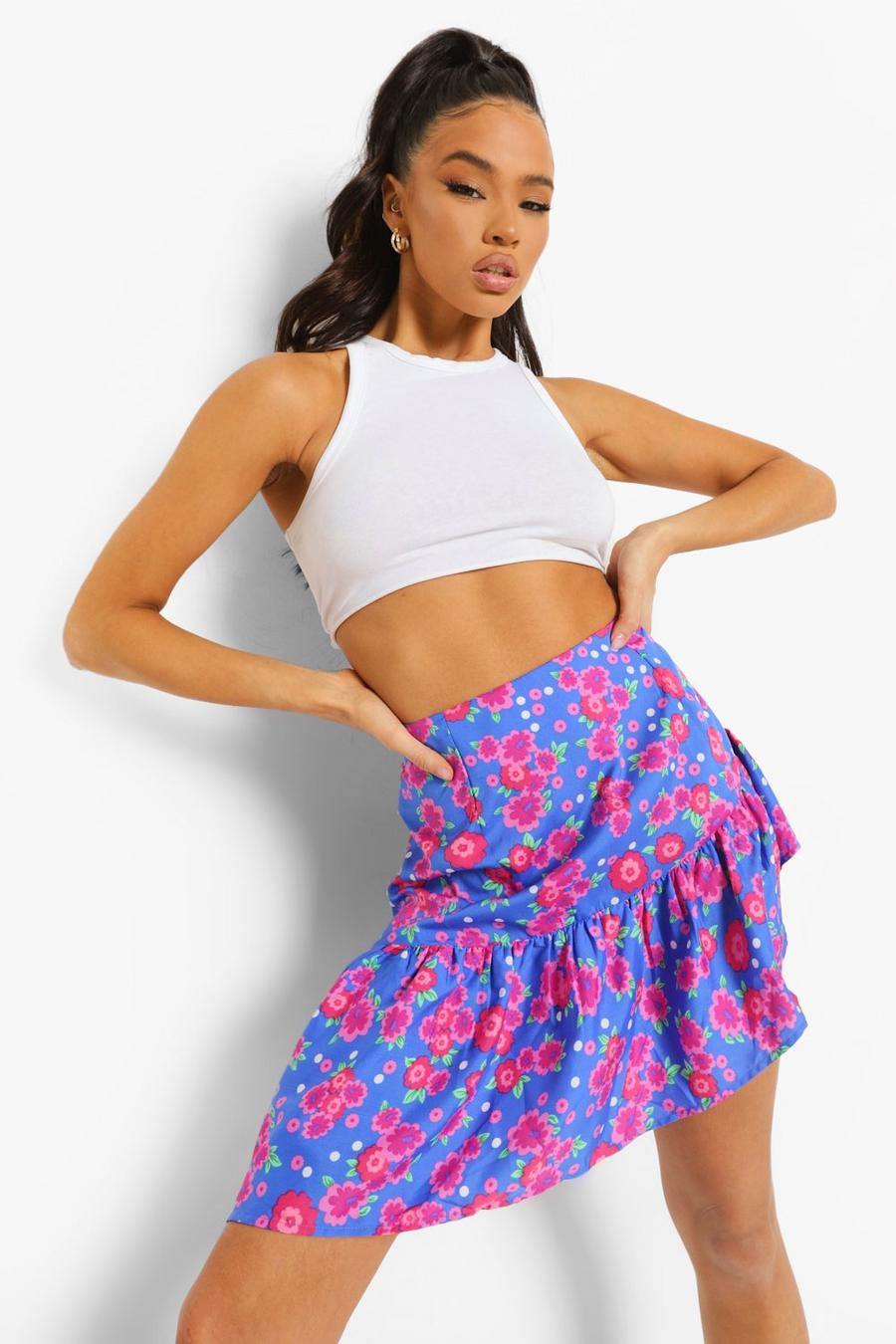 Blue Floral Ruffle Hem Mini Skater Skirt image number 1