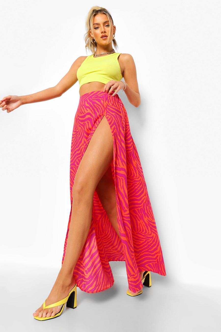 Hot pink Animal Print Split Hem Maxi Skirt image number 1