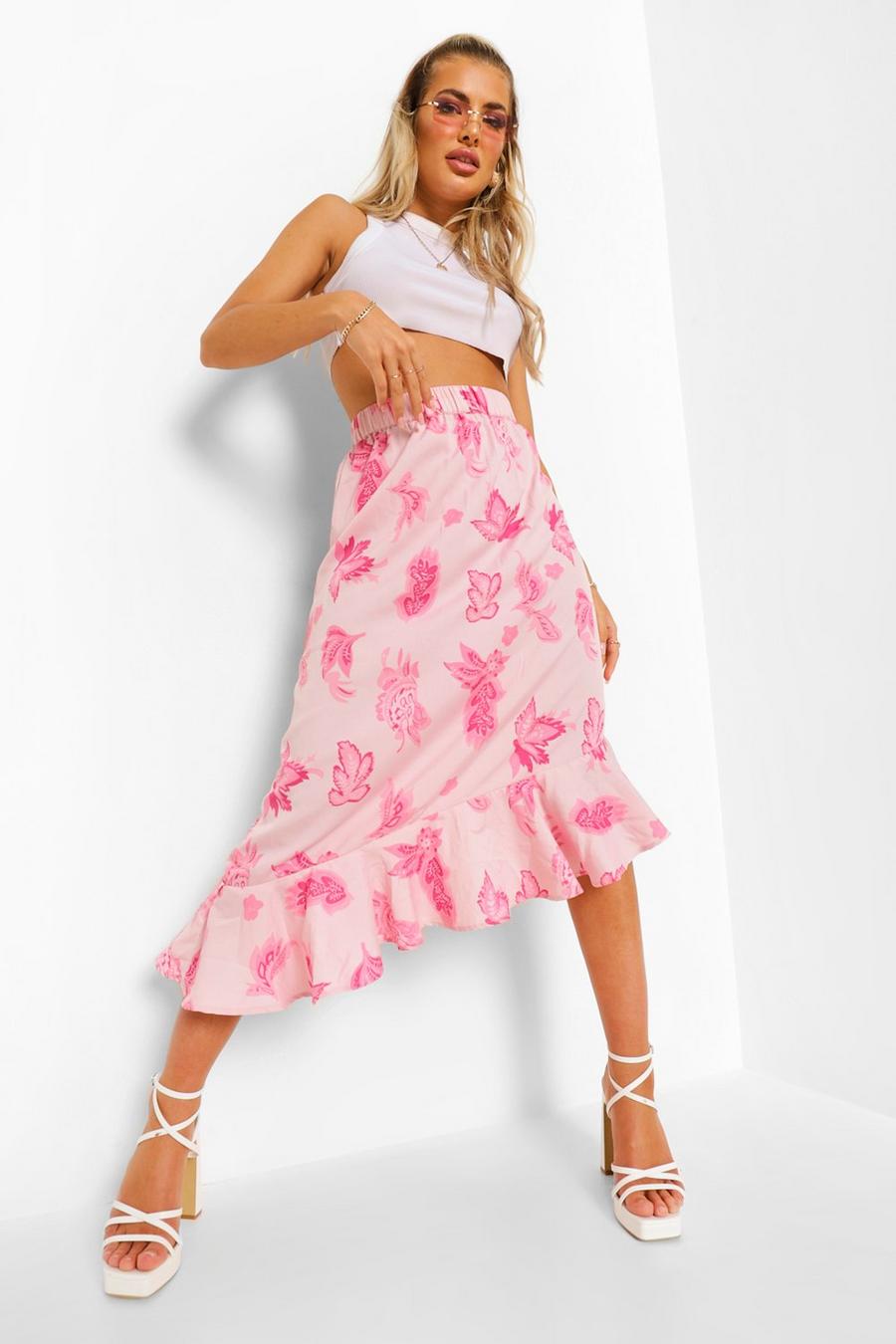 Rose pink Paisley Floral Ruffle Hem Midi Skirt image number 1