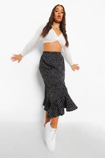 Polka Dot Ruffle Hem Midi Skirt black