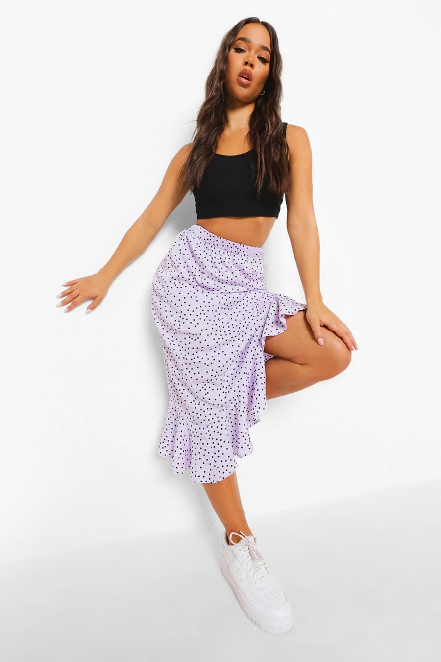 Lilac Polka Dot Ruffle Hem Midi Skirt image number 1