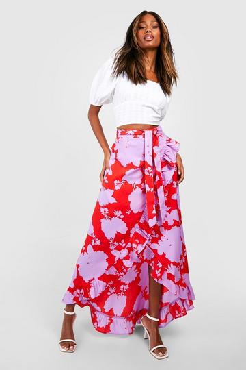 Floral Woven Frill Hem Wrap Maxi Skirt orange