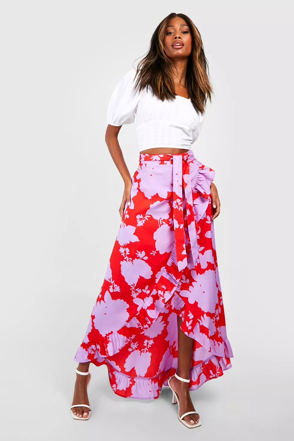 Floral Woven Frill Hem Wrap Maxi Skirt