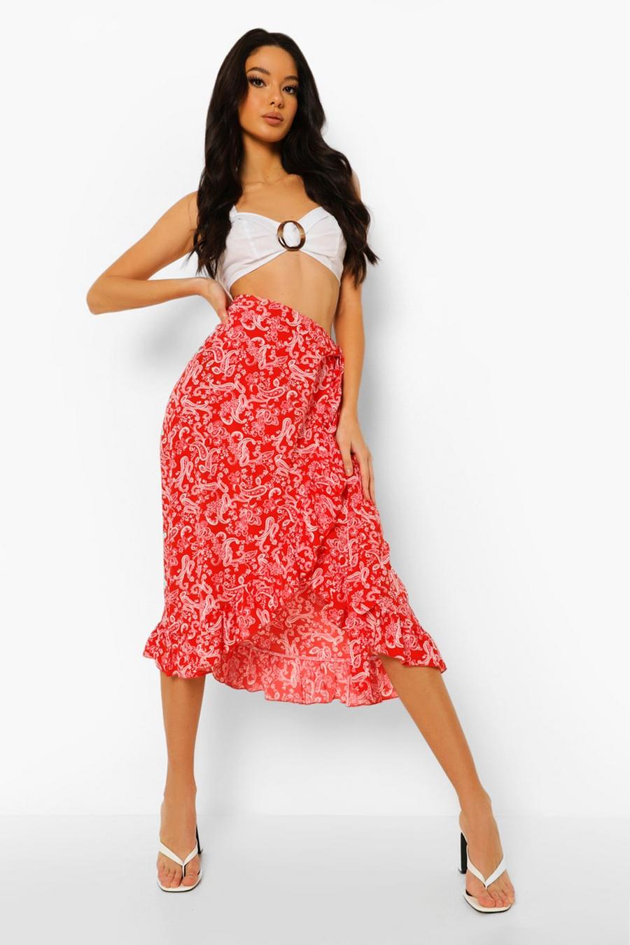 Red Paisley Print Frill Wrap Midi Skirt image number 1