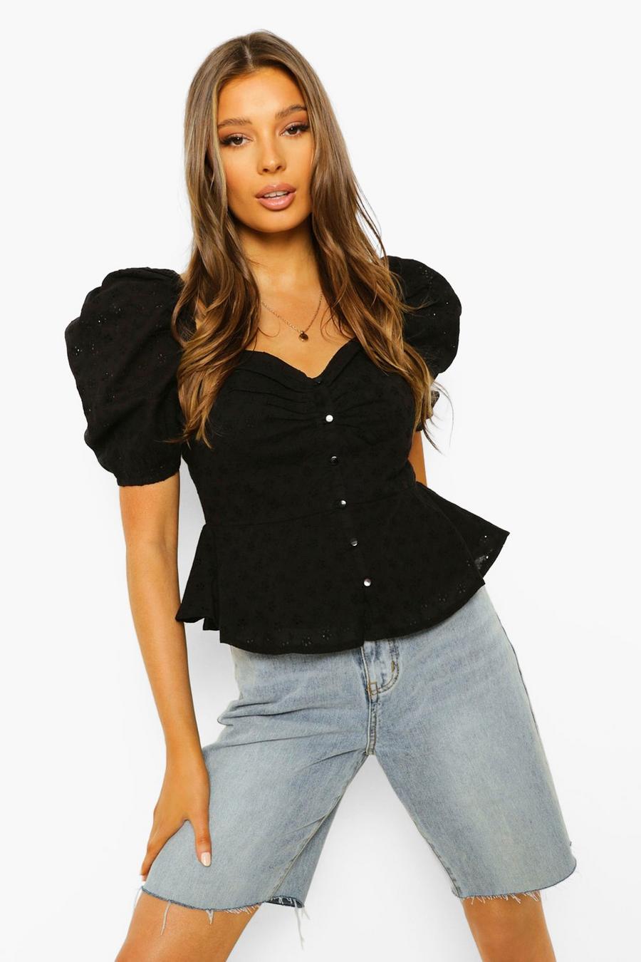 Black Eyelet Puff Sleeve Button Through Top image number 1