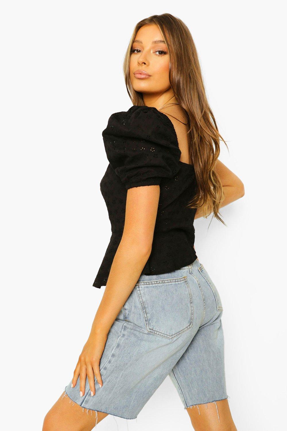 Eyelet Puff Sleeve Button Through Top | boohoo USA