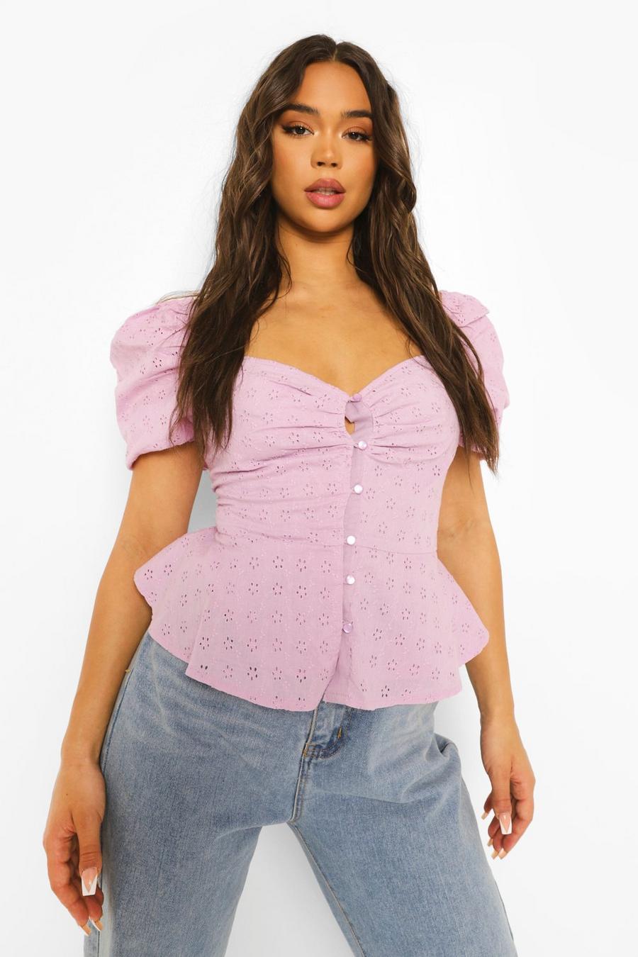Lilac purple Eyelet Puff Sleeve Button Through Top