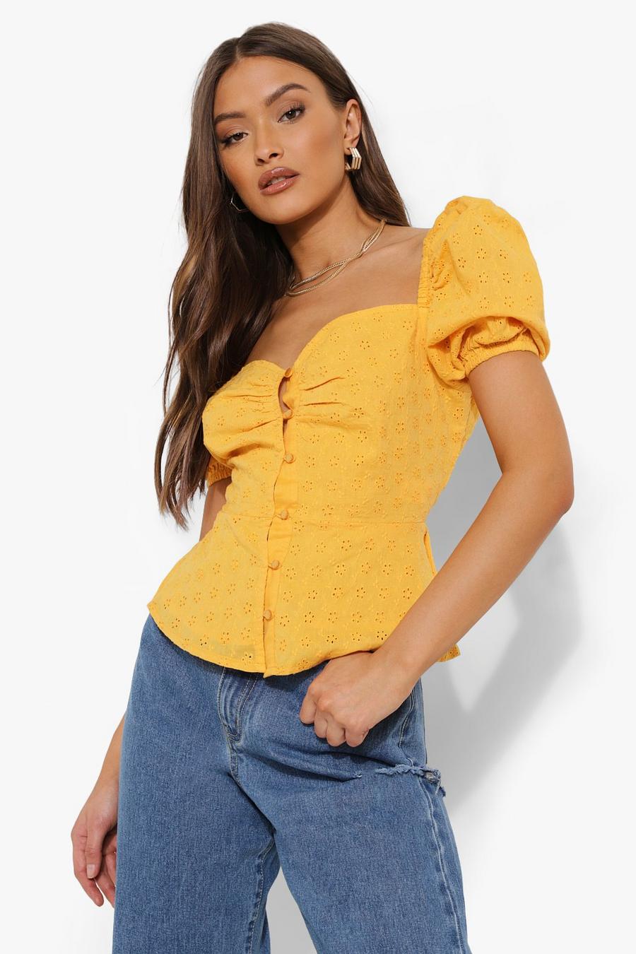 Yellow Broderie Puff Sleeve Button Through Top image number 1