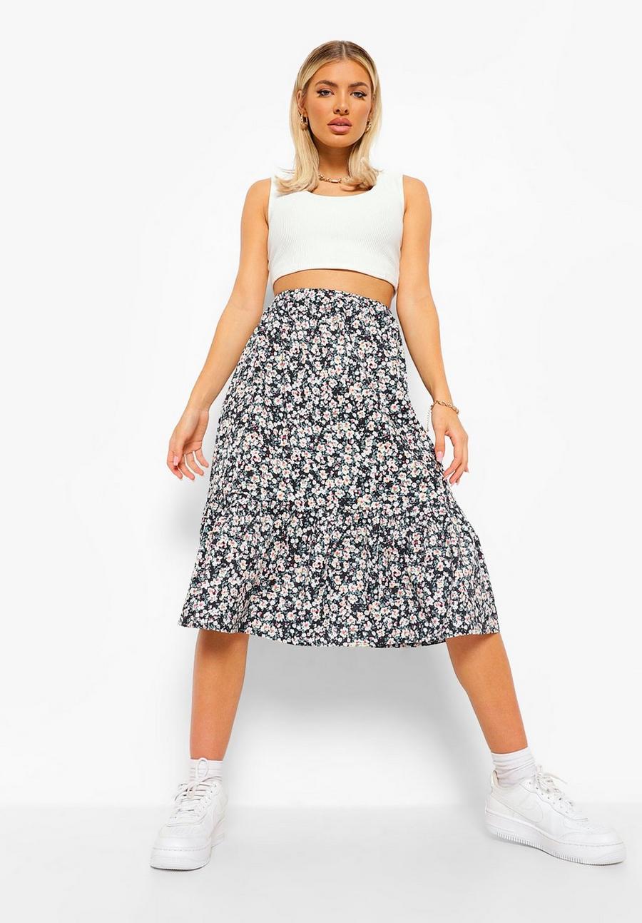 Ditsy Floral Tiered Woven Midi Skirt image number 1