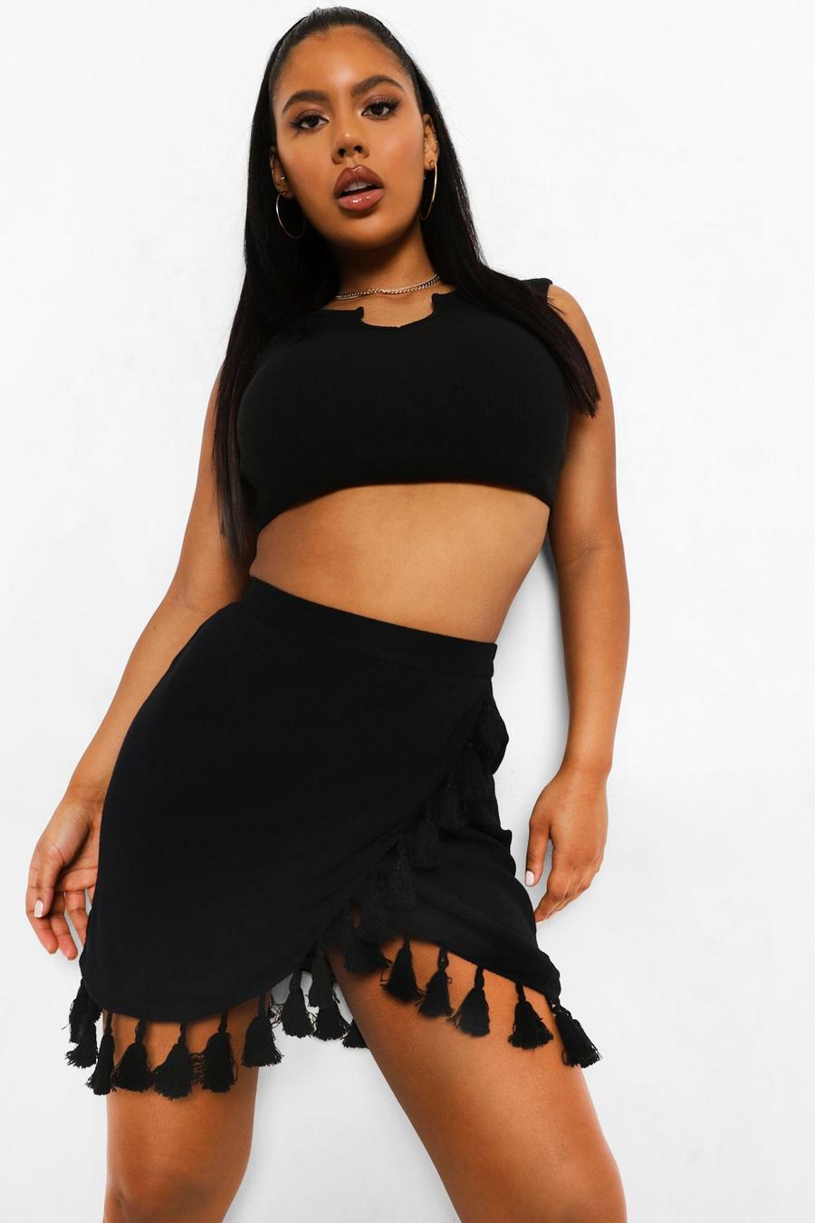 Black Festival Cheesecloth Tassel Lined Wrap Mini Skirt image number 1