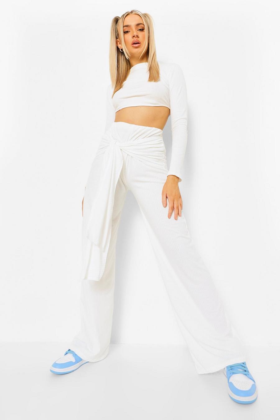 Cream Soft Ribbed Wrap Belted Wide Leg Pants image number 1