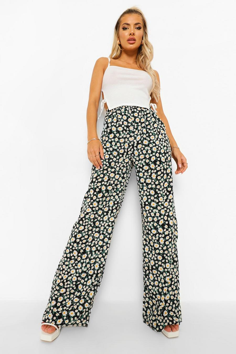 Black Daisy Floral Woven Wide Leg Pants image number 1