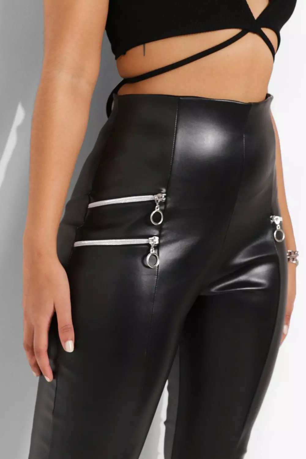  Women Back Zipper Leather Leggings, High Waisted PU