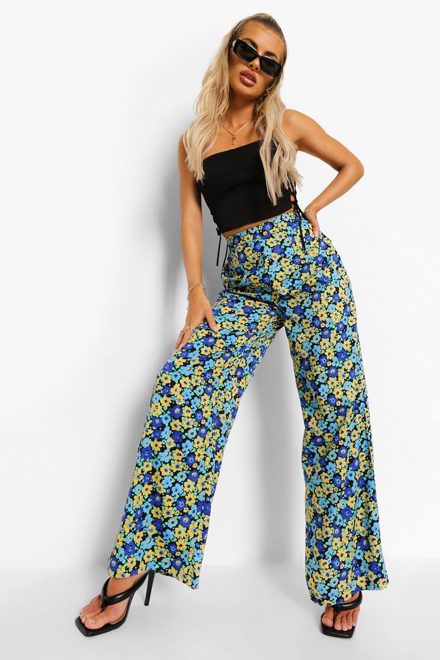 Black Ditsy Floral Woven Wide Leg Trousers image number 1