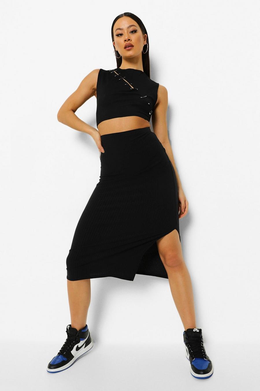 Black Soft Ribbed Split Hem Midi Skirt image number 1