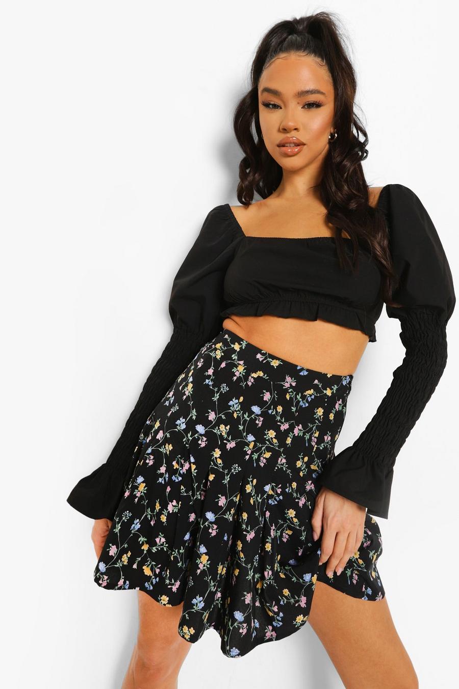 Black Ditsy Floral Pleated Mini Tennis Skirt